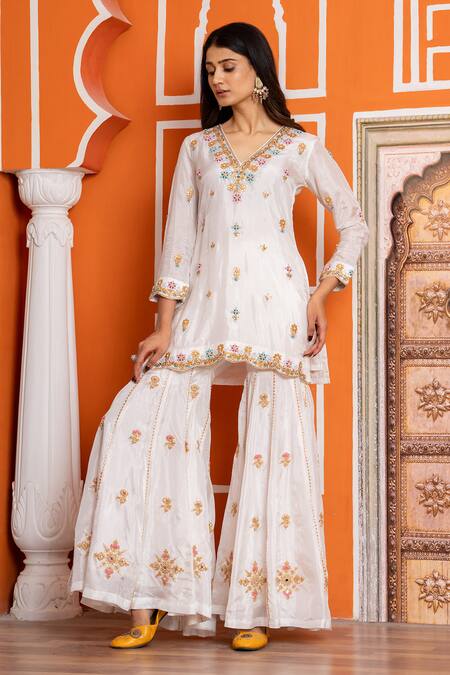Buy_Yuvraani Jaipur_Ivory Silk, Shantoon, Organza Embroidery V-neck Kurta Sharara Set 
