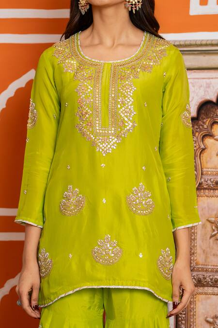 Buy_Yuvraani Jaipur_Green Shantoon, Organza Embroidery, Tassels Round Neck Silk Kurta Sharara Set _Online_at_Aza_Fashions