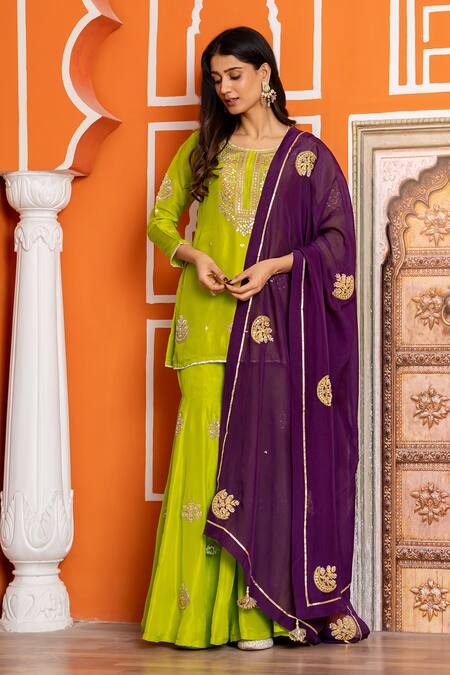 Shop_Yuvraani Jaipur_Green Shantoon, Organza Embroidery, Tassels Round Neck Silk Kurta Sharara Set _Online_at_Aza_Fashions