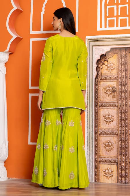 Yuvraani Jaipur Green Silk Embroidered Kurta Sharara Set 