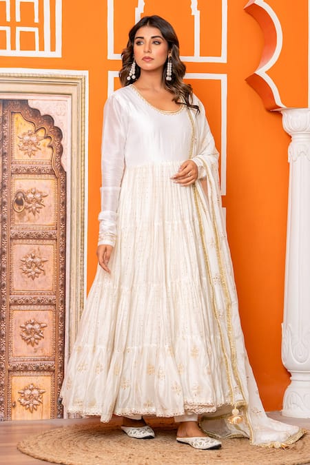 Shop_Yuvraani Jaipur_Ivory Muslin, Shantoon, Chinon, Chiffon Designer Anarkali Set With Dupatta _Online_at_Aza_Fashions