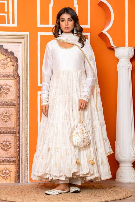 Shop_Yuvraani Jaipur_Ivory Muslin, Shantoon, Chinon, Chiffon Designer Anarkali Set With Dupatta 