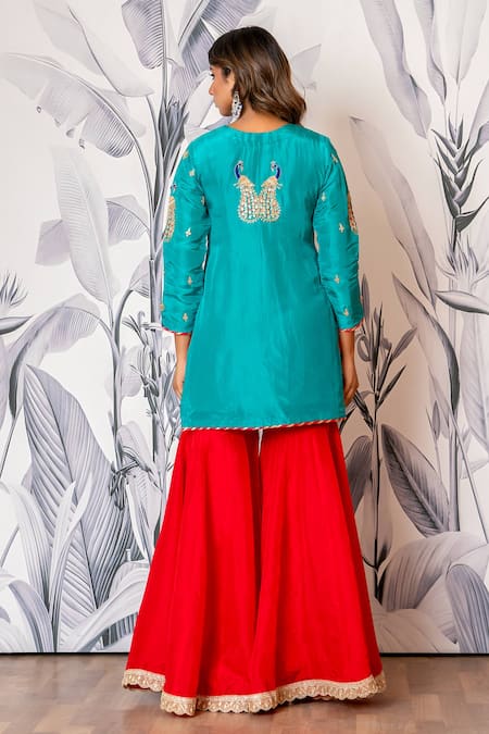 Yuvraani Jaipur Blue & Red Designer Kurta Sharara Set 