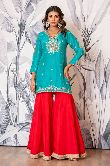 Buy_Yuvraani Jaipur_Turquoise Silk, Shantoon, Organza Sequins, Blue And Red Designer Kurta Sharara Set _Online_at_Aza_Fashions