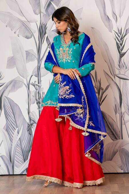 Shop_Yuvraani Jaipur_Turquoise Silk, Shantoon, Organza Sequins, Blue And Red Designer Kurta Sharara Set _Online_at_Aza_Fashions