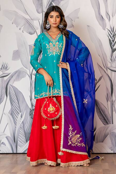 Yuvraani Jaipur_Turquoise Silk, Shantoon, Organza Sequins, Blue And Red Designer Kurta Sharara Set _at_Aza_Fashions