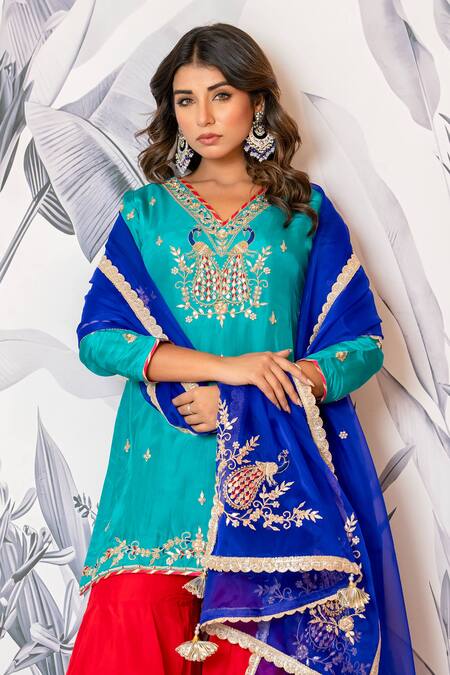 Buy_Yuvraani Jaipur_Turquoise Silk, Shantoon, Organza Sequins, Blue And Red Designer Kurta Sharara Set 