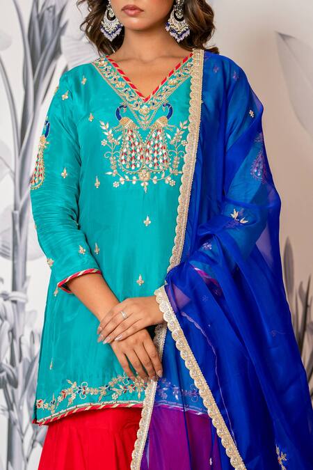 Shop_Yuvraani Jaipur_Turquoise Silk, Shantoon, Organza Sequins, Blue And Red Designer Kurta Sharara Set 