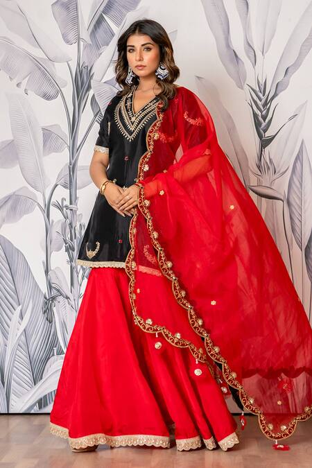 Buy_Yuvraani Jaipur_Black Silk, Shantoon, Organza Embroidery, Lace And Red Designer Kurta Sharara Set _Online_at_Aza_Fashions