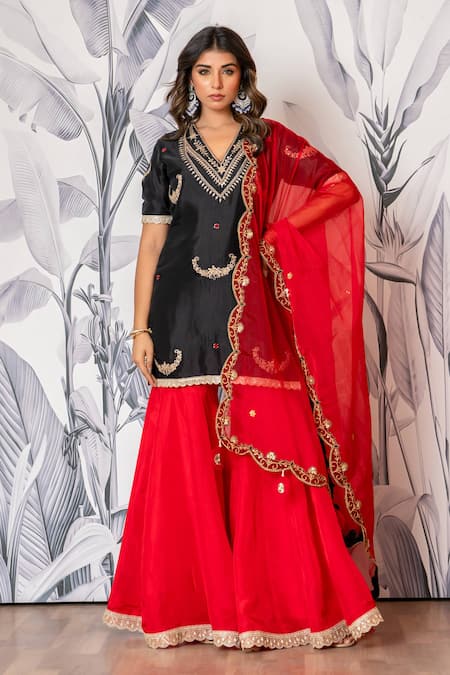 Shop_Yuvraani Jaipur_Black Silk, Shantoon, Organza Embroidery, Lace And Red Designer Kurta Sharara Set _Online_at_Aza_Fashions