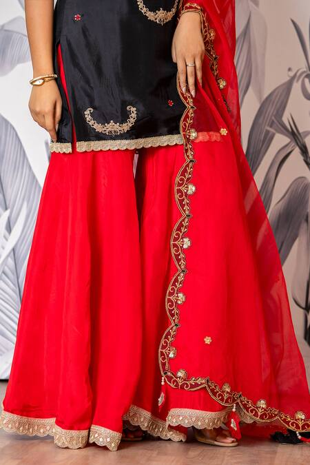 Yuvraani Jaipur_Black Silk, Shantoon, Organza Embroidery, Lace And Red Designer Kurta Sharara Set _at_Aza_Fashions