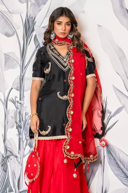 Buy_Yuvraani Jaipur_Black Silk, Shantoon, Organza Embroidery, Lace And Red Designer Kurta Sharara Set 