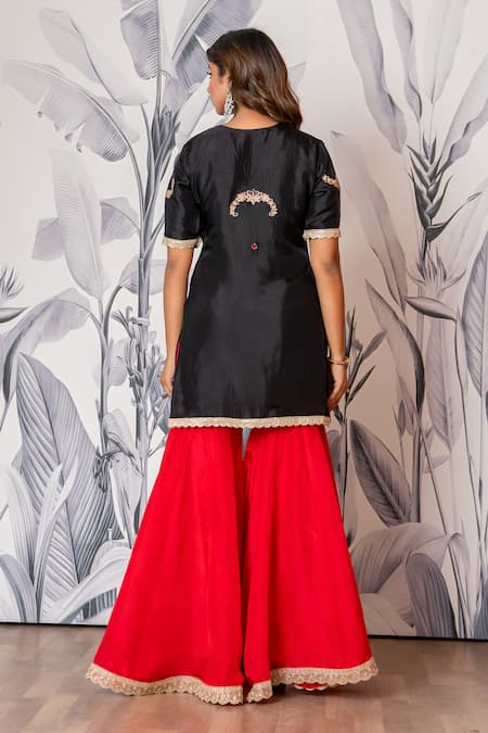 Yuvraani Jaipur_Black Silk, Shantoon, Organza Embroidery, Lace And Red Designer Kurta Sharara Set _Online_at_Aza_Fashions