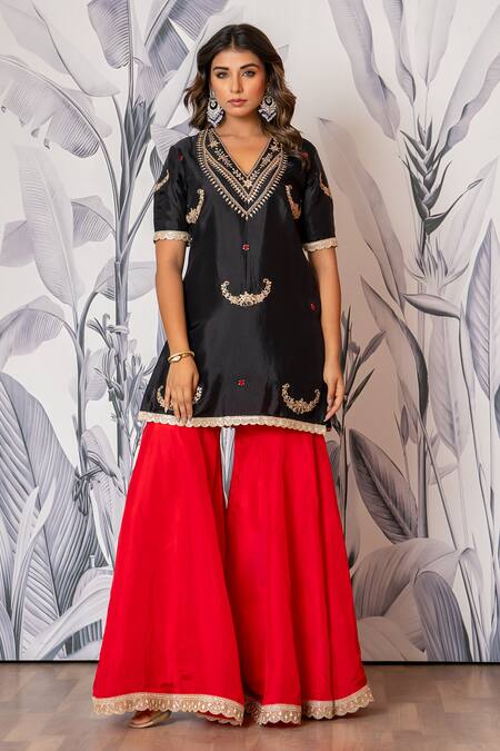 Shop_Yuvraani Jaipur_Black Silk, Shantoon, Organza Embroidery, Lace And Red Designer Kurta Sharara Set 