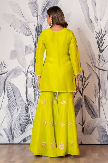Buy_Yuvraani Jaipur_Green Silk, Shantoon, Organza Sequins, Embroidery Round Neck Kurta Sharara Set _Online_at_Aza_Fashions