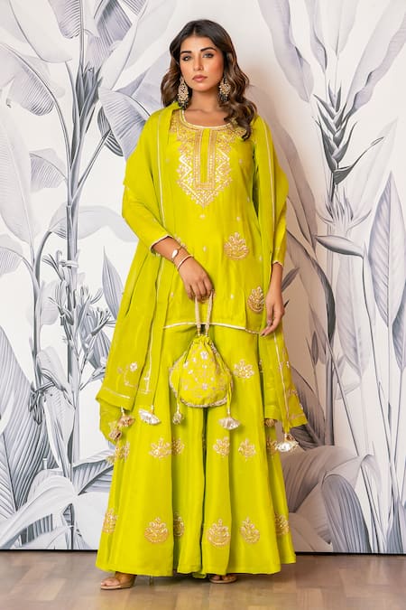 Yuvraani Jaipur Green Silk, Shantoon, Organza Sequins, Embroidery Round Neck Kurta Sharara Set 