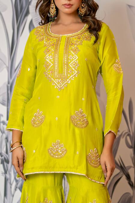 Yuvraani Jaipur_Green Silk, Shantoon, Organza Sequins, Embroidery Round Neck Kurta Sharara Set _at_Aza_Fashions