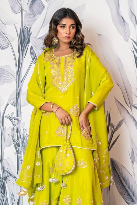 Shop_Yuvraani Jaipur_Green Silk, Shantoon, Organza Sequins, Embroidery Round Neck Kurta Sharara Set 