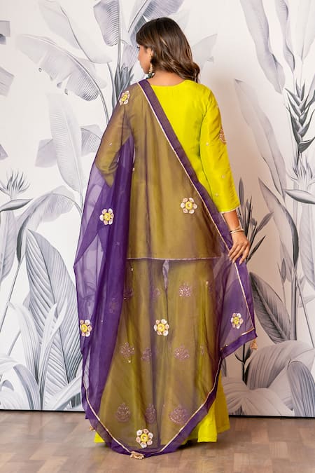 Shop_Yuvraani Jaipur_Green Silk, Shantoon, Organza Sequins, Embroidery Designer Kurta Sharara Set _at_Aza_Fashions