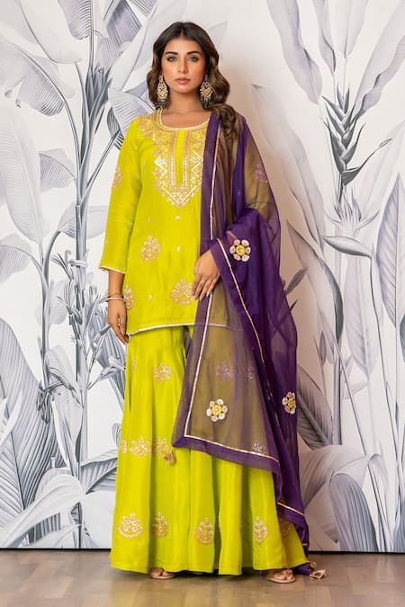 Yuvraani Jaipur Green Silk, Shantoon, Organza Sequins, Embroidery Designer Kurta Sharara Set 