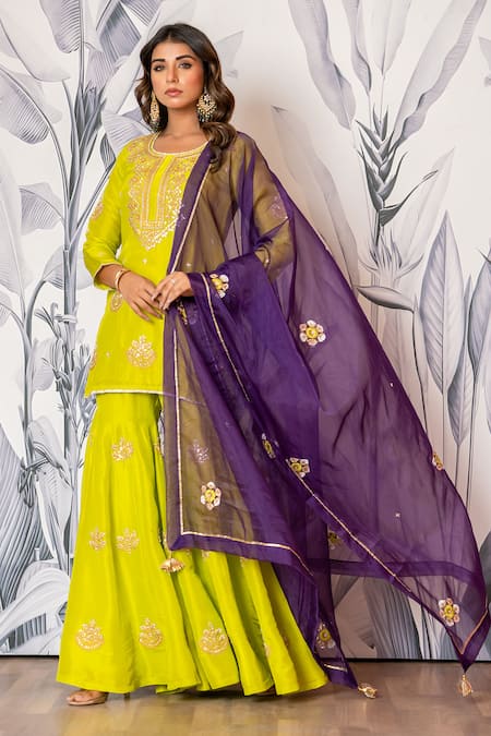 Yuvraani Jaipur_Green Silk, Shantoon, Organza Sequins, Embroidery Designer Kurta Sharara Set _Online_at_Aza_Fashions