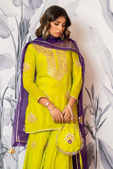Shop_Yuvraani Jaipur_Green Silk, Shantoon, Organza Sequins, Embroidery Designer Kurta Sharara Set _Online_at_Aza_Fashions