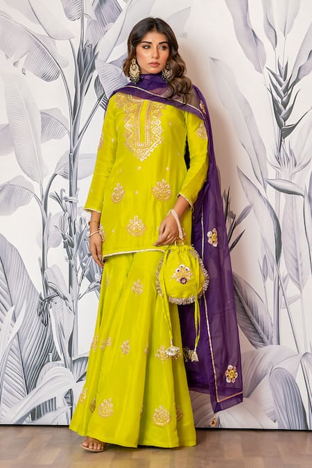 Yuvraani Jaipur_Green Silk, Shantoon, Organza Sequins, Embroidery Designer Kurta Sharara Set _at_Aza_Fashions