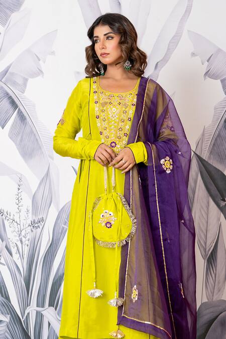 Shop_Yuvraani Jaipur_Green Silk, Shantoon, Organza Embroidery Round Designer Kurta Pant Dupatta Set _Online_at_Aza_Fashions