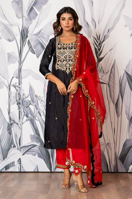 Buy_Yuvraani Jaipur_Black Silk, Shantoon, Organza Embroidery, Designer And Red Kurta Pant Dupatta Set _Online_at_Aza_Fashions