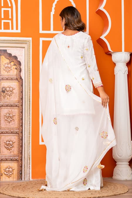 Shop_Yuvraani Jaipur_Ivory Silk, Organza, Shantoon Embroidery Round Neck Kurta Sharara Set _at_Aza_Fashions