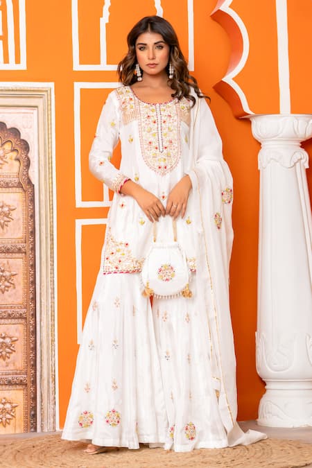 Yuvraani Jaipur Ivory Silk, Organza, Shantoon Embroidery Round Neck Kurta Sharara Set 