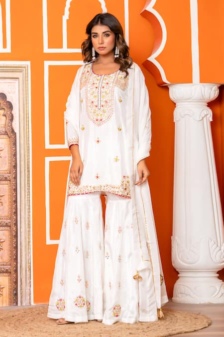 Shop_Yuvraani Jaipur_Ivory Silk, Organza, Shantoon Embroidery Round Neck Kurta Sharara Set _Online_at_Aza_Fashions