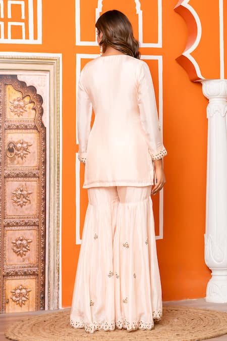 Buy_Yuvraani Jaipur_Peach Silk, Shantoon, Organza Embroidery Round Neck Kurta Sharara Set _Online_at_Aza_Fashions