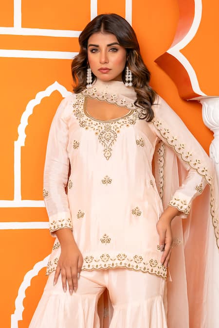Shop_Yuvraani Jaipur_Peach Silk, Shantoon, Organza Embroidery Round Neck Kurta Sharara Set _Online_at_Aza_Fashions