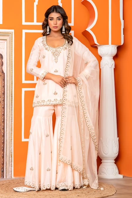 Shop_Yuvraani Jaipur_Peach Silk, Shantoon, Organza Embroidery Round Neck Kurta Sharara Set 