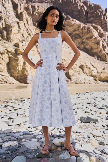 Dash And Dot Blue Polyester, Spandex Embroidery Square Neck Floral Flared Midi Dress 
