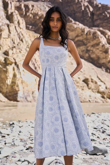 Dash And Dot Blue Polyester, Spandex Embroidery Square Neck Floral Flared Midi Dress Online at Aza Fashions Dash And Dot_Blue Polyester, Spandex Embroidery Square Neck Floral Flared Midi Dress _Online_at_Aza_Fashions