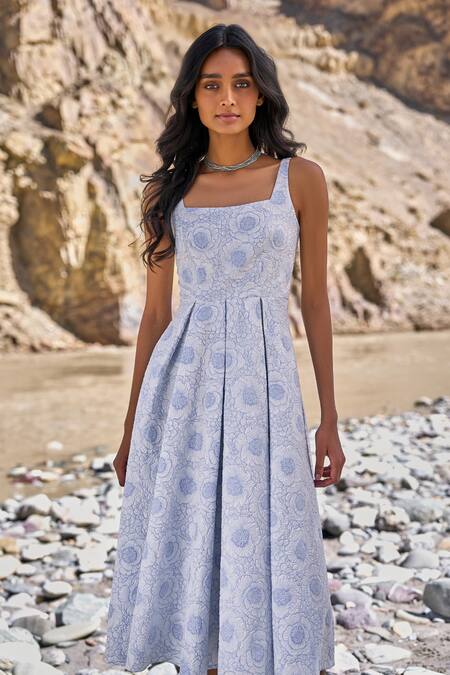 Dash And Dot Blue Polyester, Spandex Embroidery Square Neck Floral Flared Midi Dress at Aza Fashions Dash And Dot_Blue Polyester, Spandex Embroidery Square Neck Floral Flared Midi Dress _at_Aza_Fashions