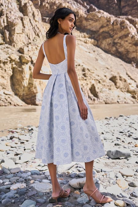 Shop Dash And Dot Blue Polyester, Spandex Embroidery Square Neck Floral Flared Midi Dress at Aza Fashions Shop_Dash And Dot_Blue Polyester, Spandex Embroidery Square Neck Floral Flared Midi Dress _at_Aza_Fashions