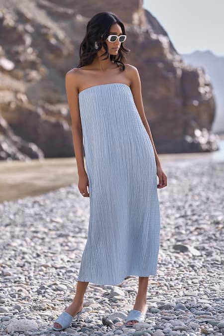 Dash And Dot Sky Blue Open Neck Crushed Crinkled Midi Dress Online at Aza Fashions Dash And Dot_Sky Blue Open Neck Crushed Crinkled Midi Dress _Online_at_Aza_Fashions