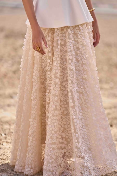 Dash And Dot Ivory Polyester Sequins 3d Floral Lehenga Online at Aza Fashions Dash And Dot_Ivory Polyester Sequins 3d Floral Lehenga_Online_at_Aza_Fashions