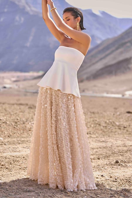 Shop Dash And Dot Ivory Polyester Sequins 3d Floral Lehenga Online at Aza Fashions Shop_Dash And Dot_Ivory Polyester Sequins 3d Floral Lehenga_Online_at_Aza_Fashions