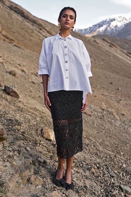 Shop Dash And Dot Black Embroidery Metallic Lace Skirt at Aza Fashions Shop_Dash And Dot_Black Embroidery Metallic Lace Skirt _at_Aza_Fashions