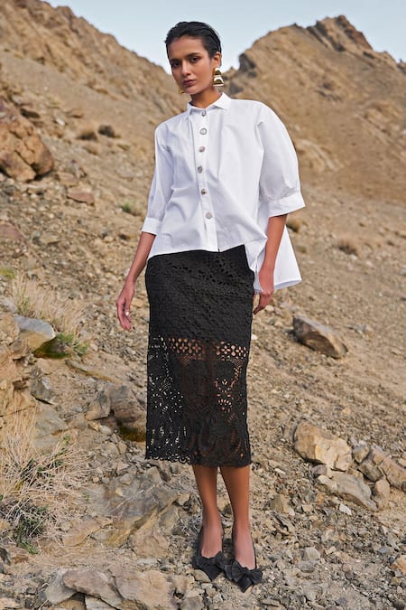 Dash And Dot Black Embroidery Metallic Lace Skirt Online at Aza Fashions Dash And Dot_Black Embroidery Metallic Lace Skirt _Online_at_Aza_Fashions