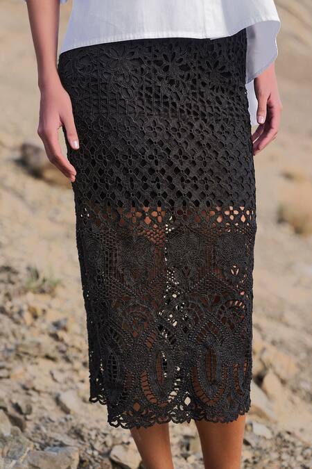Shop Dash And Dot Black Embroidery Metallic Lace Skirt Online at Aza Fashions Shop_Dash And Dot_Black Embroidery Metallic Lace Skirt _Online_at_Aza_Fashions