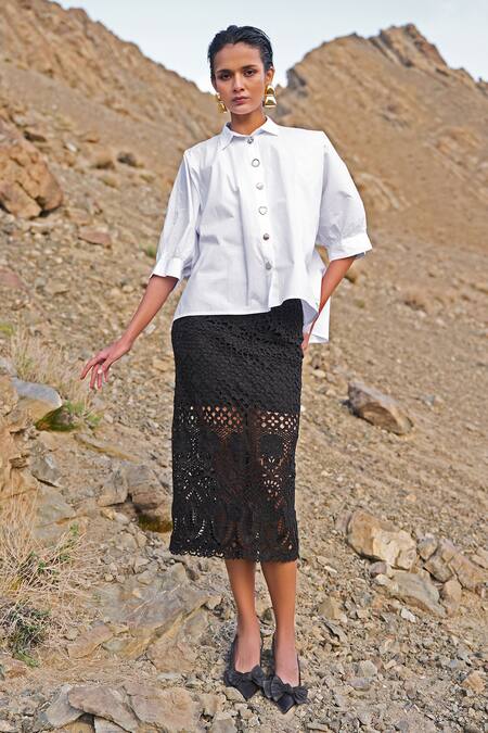 Dash And Dot Black Embroidery Metallic Lace Skirt at Aza Fashions Dash And Dot_Black Embroidery Metallic Lace Skirt _at_Aza_Fashions