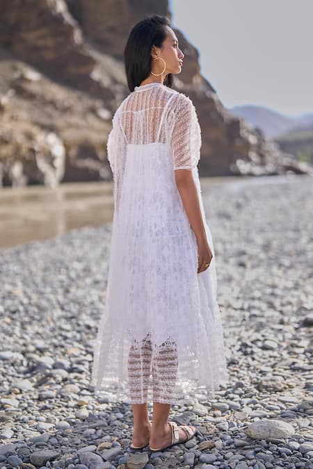 Shop Dash And Dot White Nylon Embroidery Collared Tiered Mesh Dress at Aza Fashions Shop_Dash And Dot_White Nylon Embroidery Collared Tiered Mesh Dress _at_Aza_Fashions