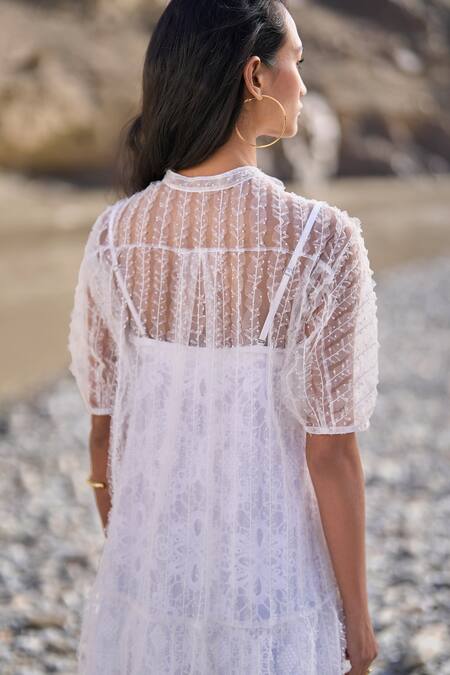 Dash And Dot White Nylon Embroidery Collared Tiered Mesh Dress Online at Aza Fashions Dash And Dot_White Nylon Embroidery Collared Tiered Mesh Dress _Online_at_Aza_Fashions