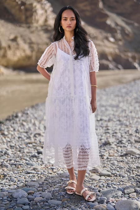 Buy Dash And Dot White Nylon Embroidery Collared Tiered Mesh Dress Online at Aza Fashions Buy_Dash And Dot_White Nylon Embroidery Collared Tiered Mesh Dress _Online_at_Aza_Fashions