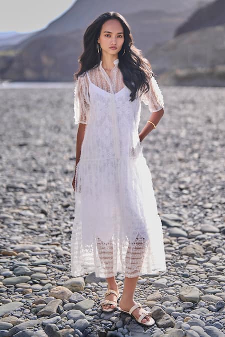Dash And Dot White Nylon Embroidery Collared Tiered Mesh Dress 